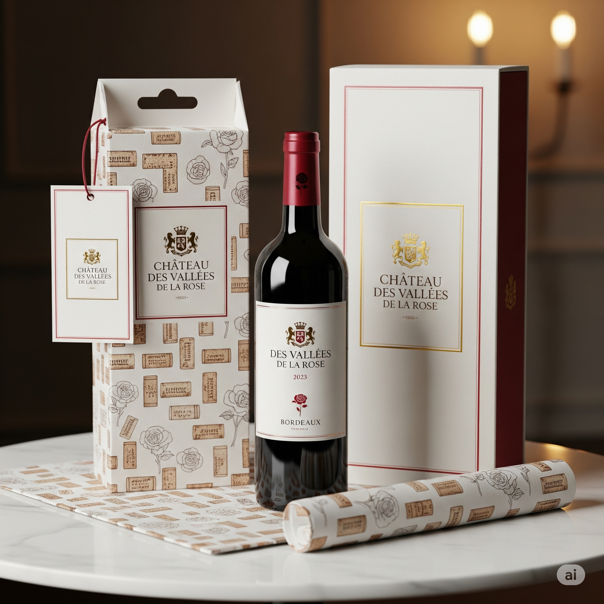 Complete packaging suite for Château des Vallées de la Rose showing bottles, boxes, and collateral materials