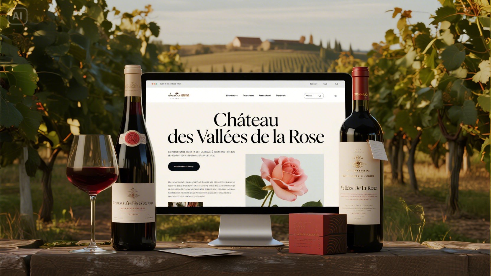 Château des Vallées de la Rose branding showcase featuring logo, wine labels, and brand elements