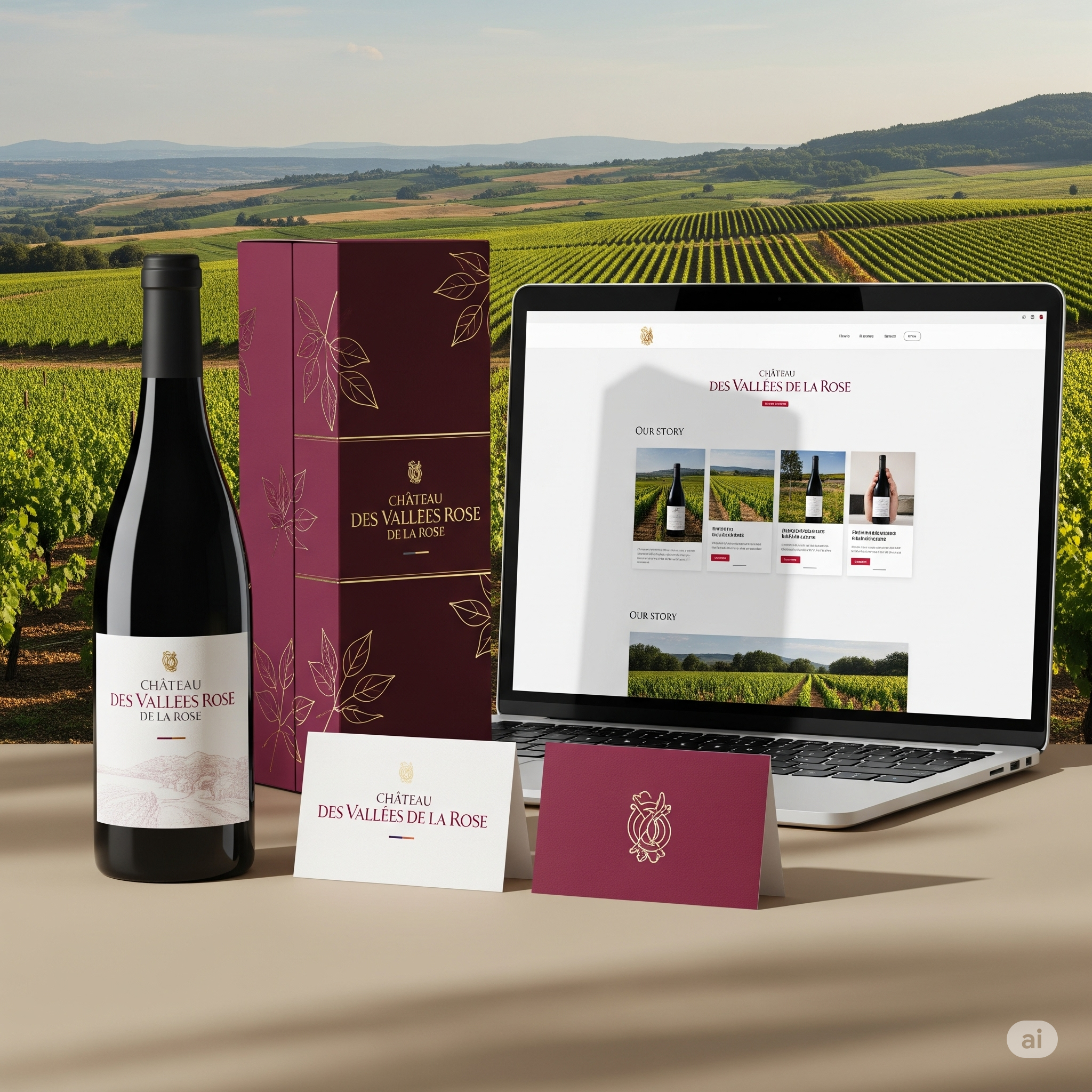 Château des Vallées de la Rose brand identity card showing logo, typography, and color palette