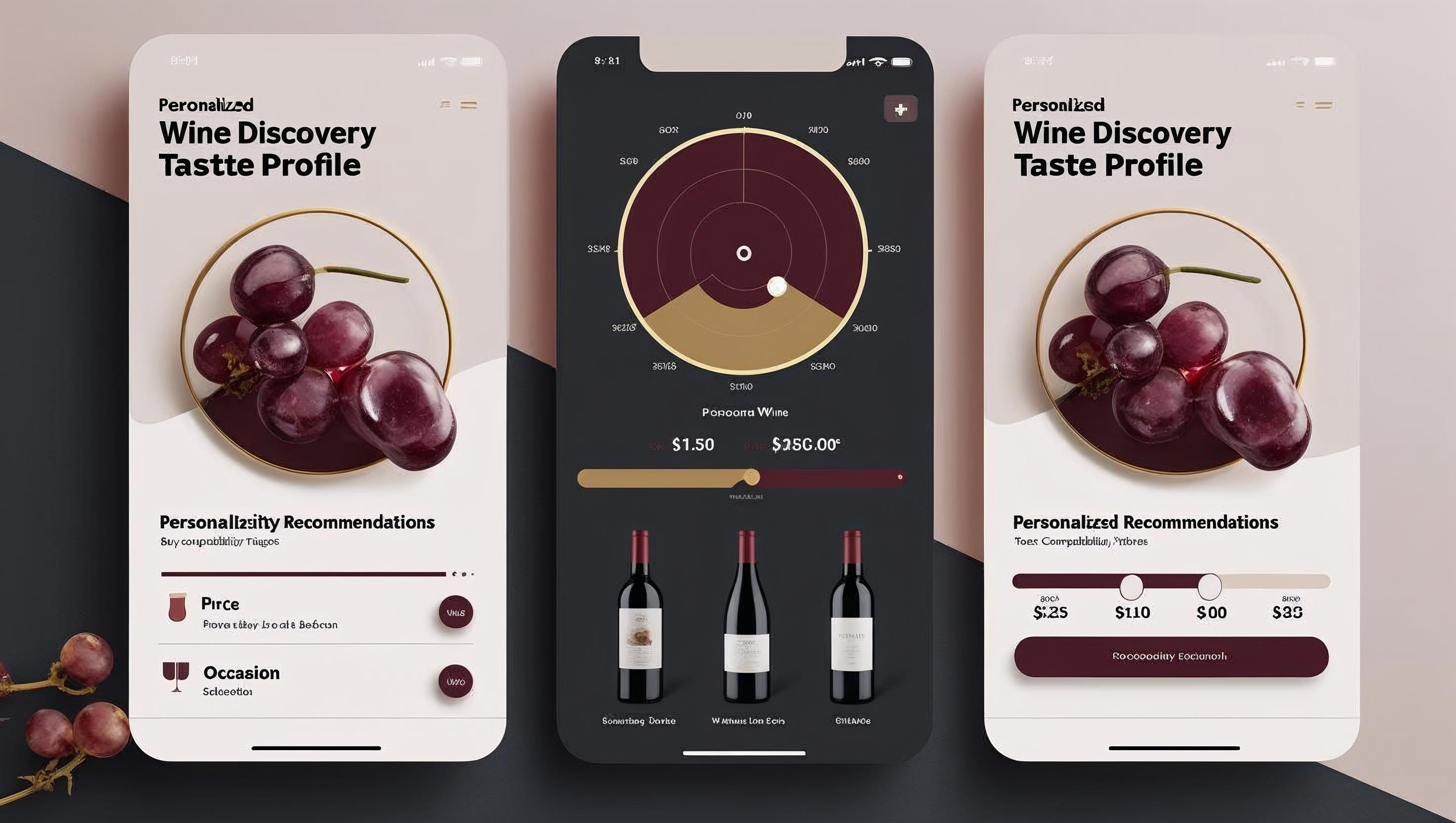 Wine Discovery Experience mobile application showing personalized taste profile and recommendations
